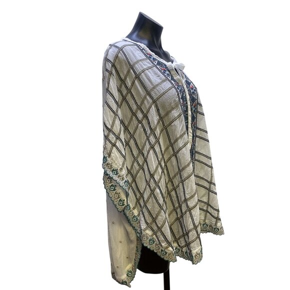 Johnny Was White w/Multicolored Embroidery Sheer Poncho Top Blouse Small - Picture 4 of 7
